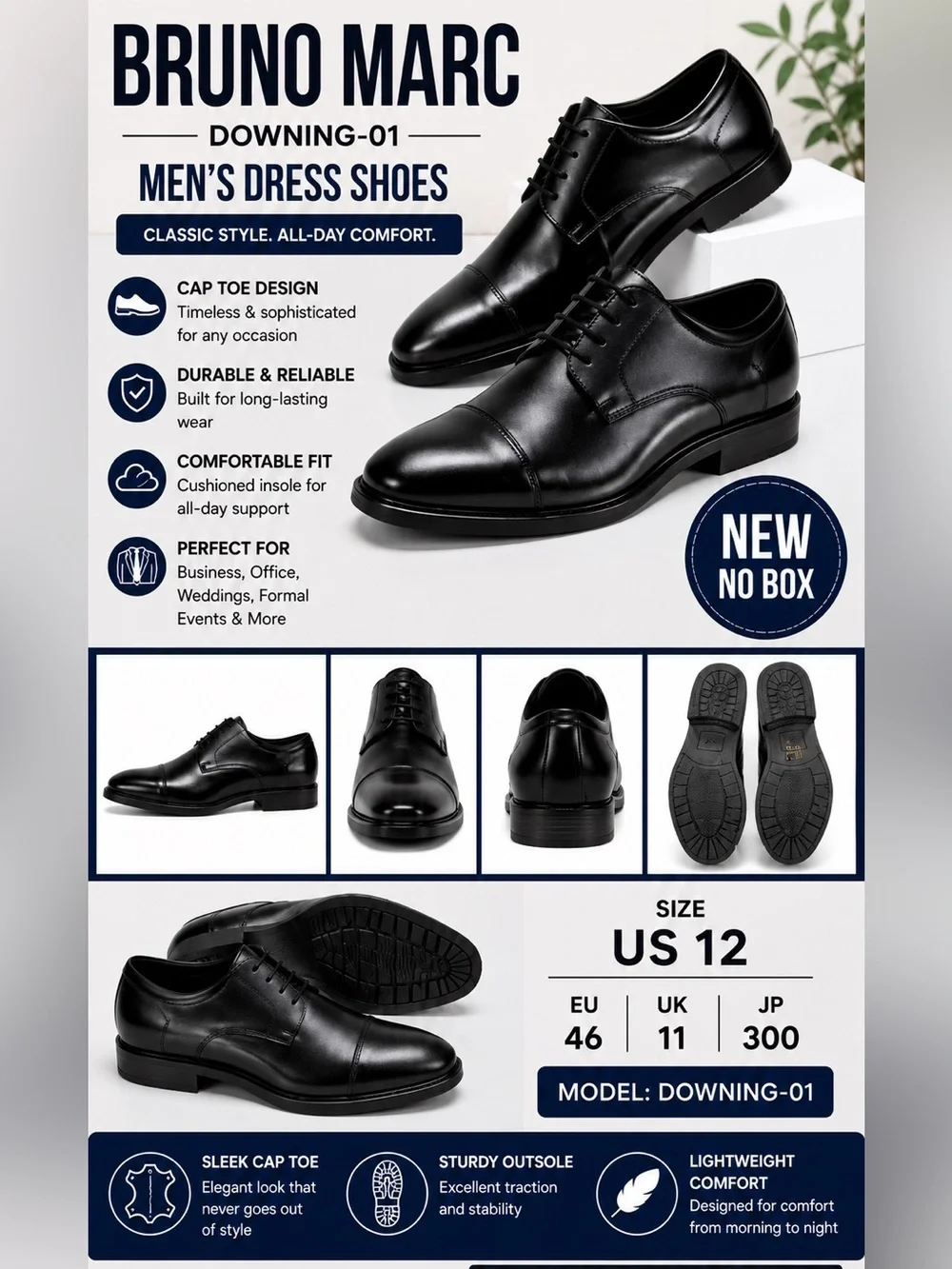Bruno Marc Downing-01 Men’s Size 12 Black Cap Toe Dress Shoes NWOB